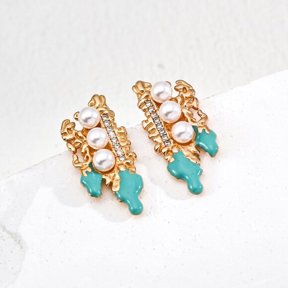 🐚 Artisan Original Design Coral Branch Pearl, Enamel & Crystal Earrings | S925 - Picture 1 of 5
